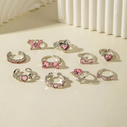 10Pcs/Set Pink Synthetic Zircon Heart Love Butterfly Rings for Women Bow Mix Style Fashion Open Adjustion Finger Jewelry Party