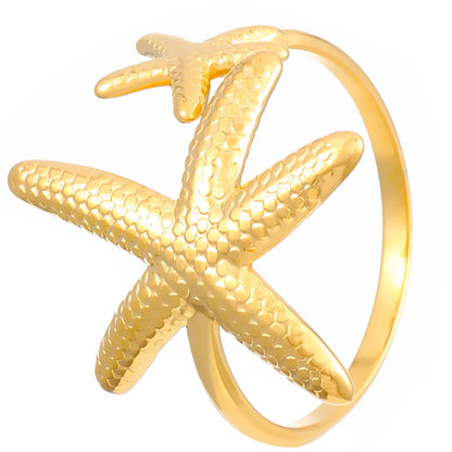 MHS.SUN Ocean Style Stainless Steel Starfish Shell Rings For Women Men Vintage Gold Plated Open Ring Summer Beach Jewelry