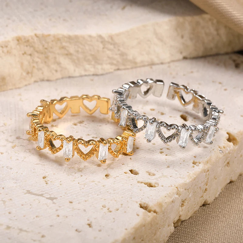 Sweet Heart Zirconia Rings for Women Stainless Steel Gold-Plated Layered Design Everyday Wear Valentine's Day Party Jewelry Gift