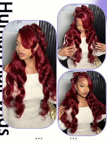 99J Burgundy Red Body Wave Lace Front Wig – HD Transparent 13x6 & 13x4