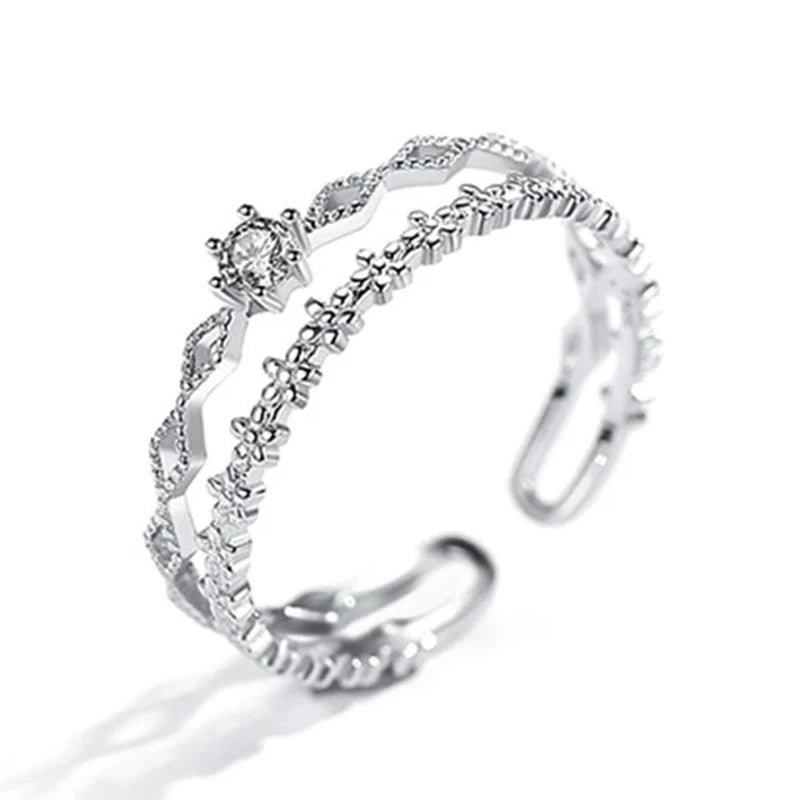 VENTFILLE 925 Sterling Silver Flower Lace Ring Korean Fashion Opening Inlaid CZ Adjustable Rings Valentine's Day Gift