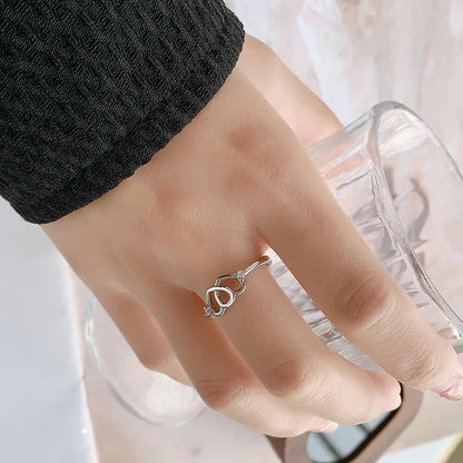 New Small Fresh Heart Shaped Creative Double Love Hollow 925 Sterling Silver Jewelry Fashion Crystal Opening Rings  R137