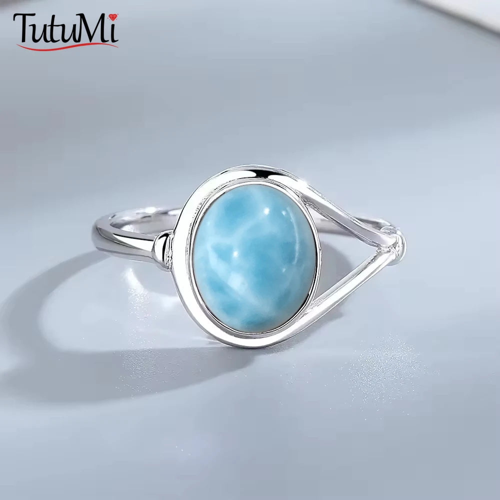 Vintage 925 Silver Natural Larimar Stone Ring Round Flower Shape Sky Blue Sea Water Ring Fine Jewelry Ring Gift For Women Men