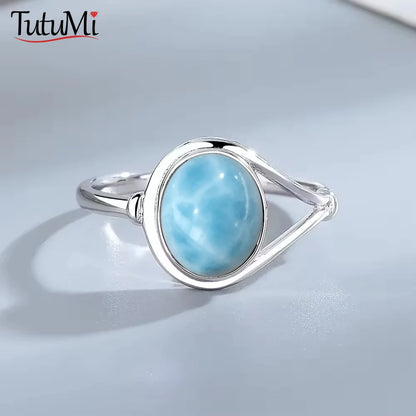 Vintage 925 Silver Natural Larimar Stone Ring Round Flower Shape Sky Blue Sea Water Ring Fine Jewelry Ring Gift For Women Men