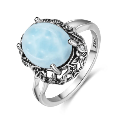 Vintage 925 Silver Natural Larimar Stone Ring Round Flower Shape Sky Blue Sea Water Ring Fine Jewelry Ring Gift For Women Men