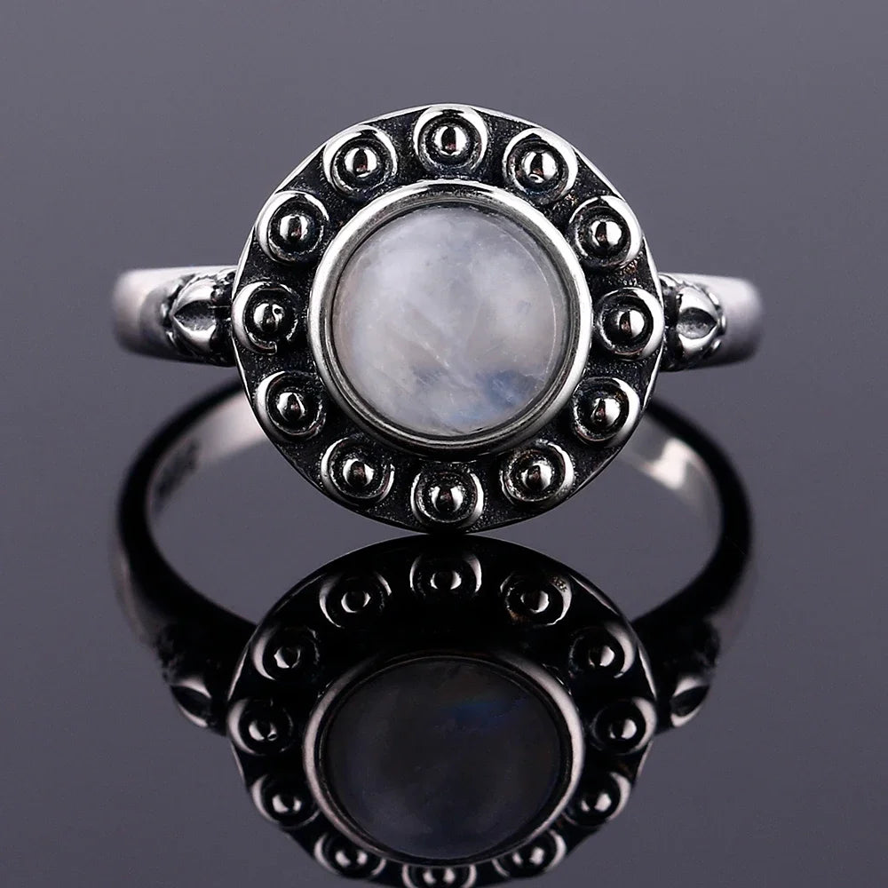 Round Oval Big Natural Moonstones Rings Women's Silver Plated Rings Gifts Vintage Fine Jewelry