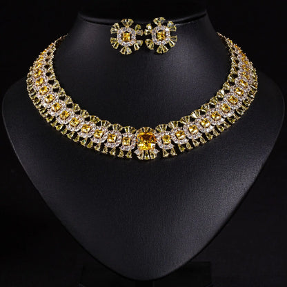 Sparkling Colourful Niche Delicate Flower Jewellery Necklace Earrings 2 Pcs Set Wedding Banquet Prom Bridal Women Dubai M-586
