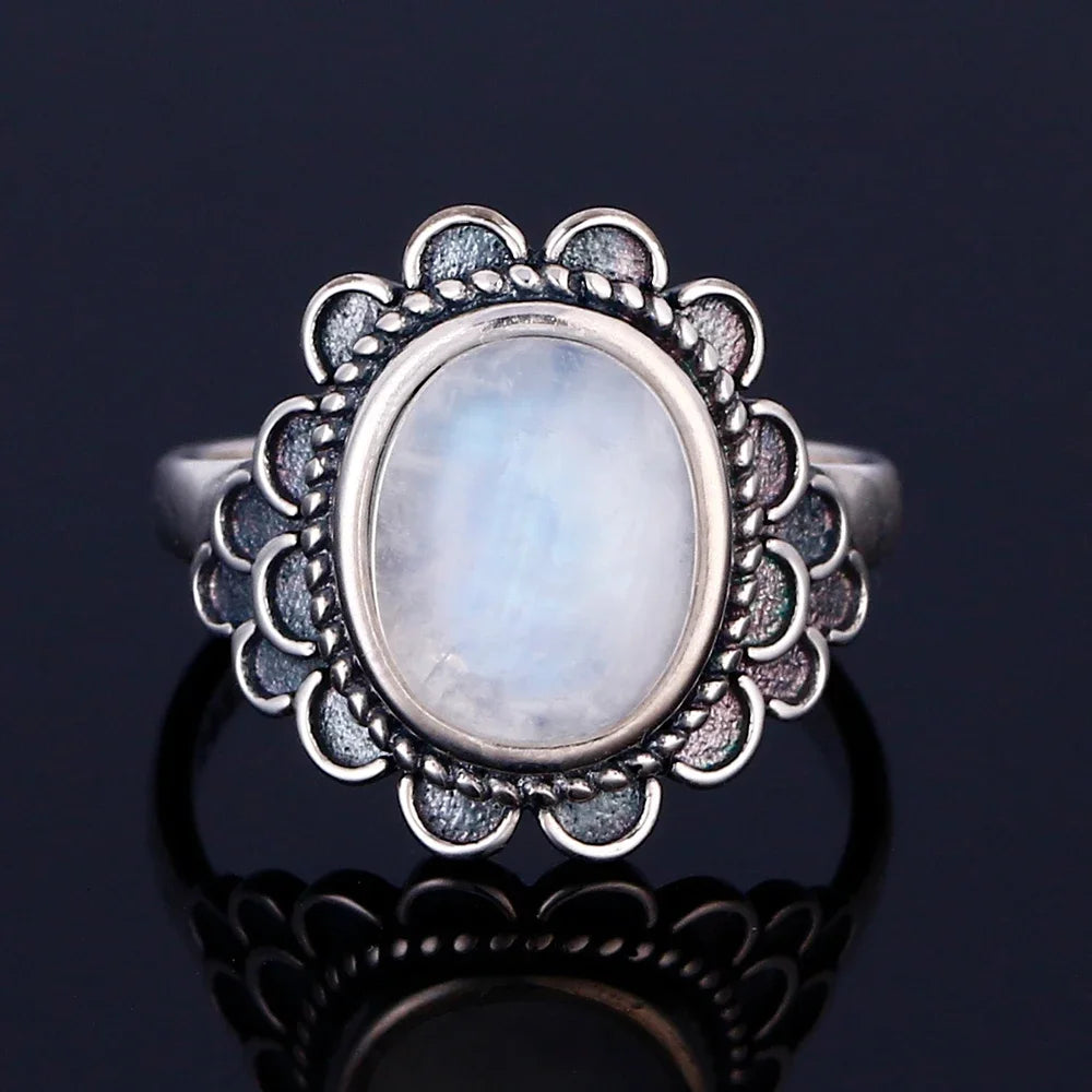 Round Oval Big Natural Moonstones Rings Women's Silver Plated Rings Gifts Vintage Fine Jewelry