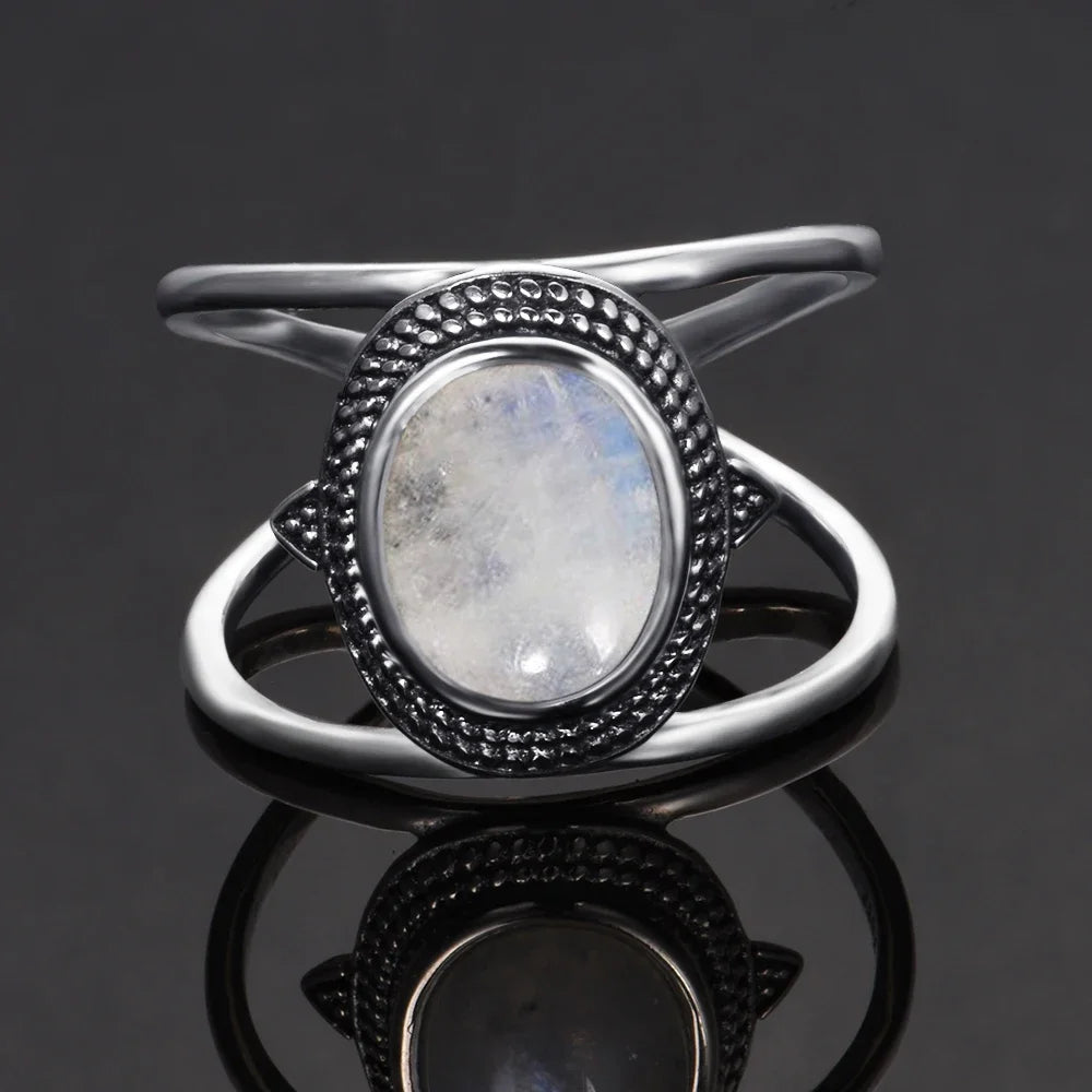Round Oval Big Natural Moonstones Rings Women's Silver Plated Rings Gifts Vintage Fine Jewelry