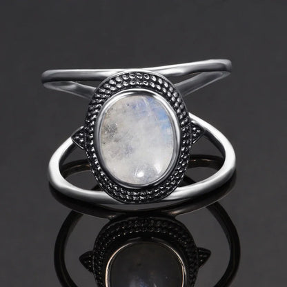 Round Oval Big Natural Moonstones Rings Women's Silver Plated Rings Gifts Vintage Fine Jewelry