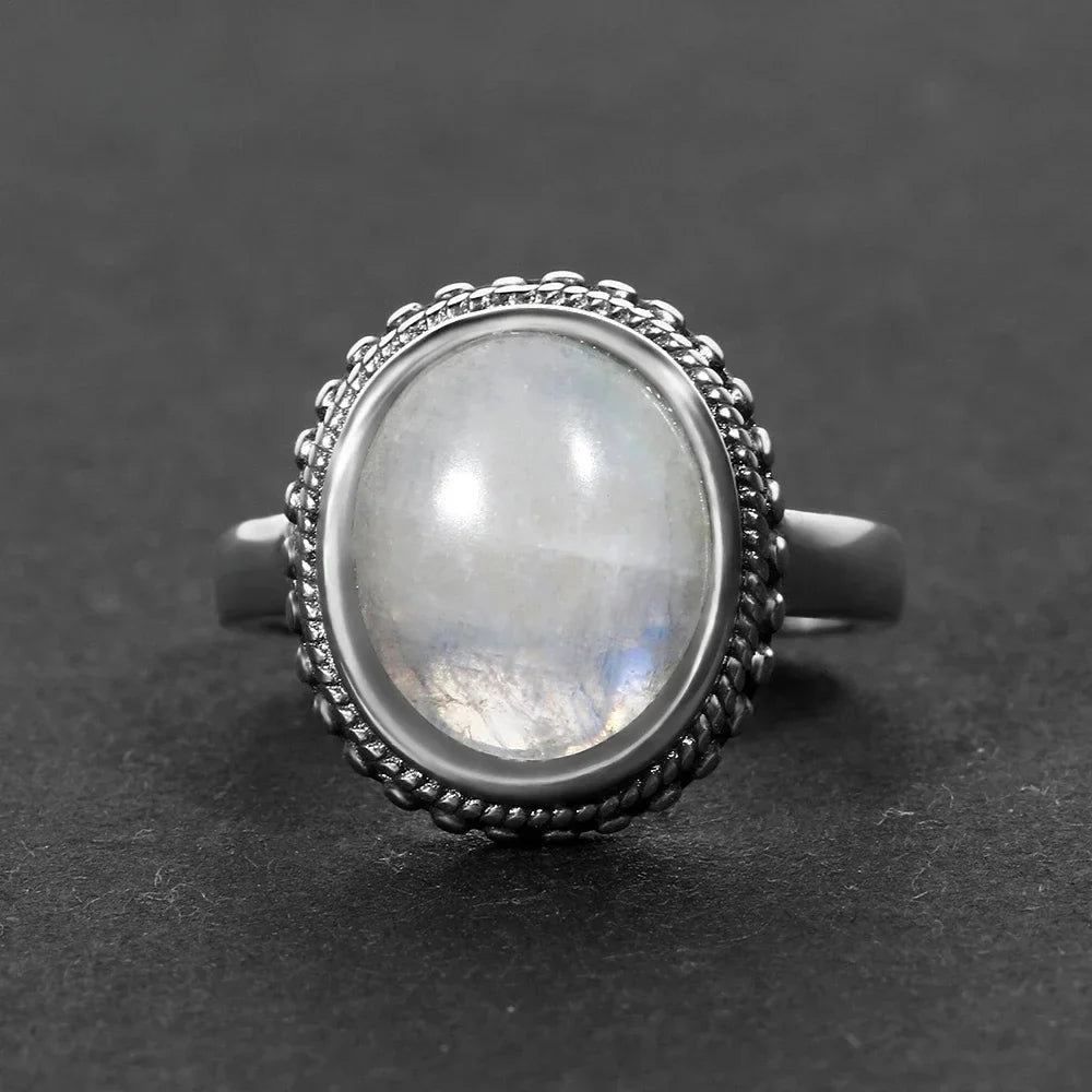 Round Oval Big Natural Moonstones Rings Women's Silver Plated Rings Gifts Vintage Fine Jewelry