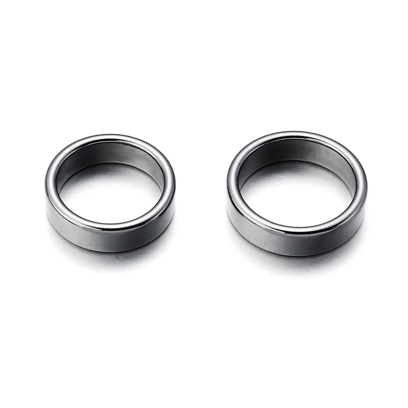 6pcs Unadjustable Black Hematite Rings For Women Men Party Club Smooth Simple Flat Wide Finger Ring Natural Stone 16mm-21mm
