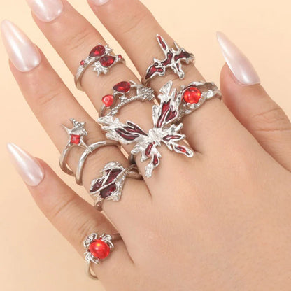 LATS 8pcs Irregular Red Crystal Heart Aesthetic Rings for Women Y2K Gothic Butterfly Spider Ring Creative Jewelry Accessories