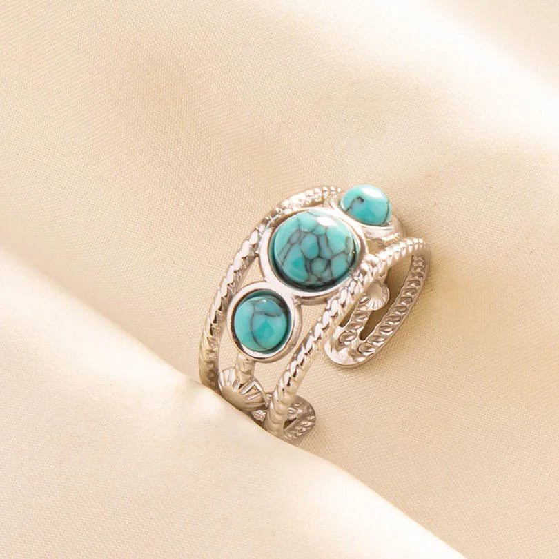 1pc Stainless Steel Boho Turquoise Open Finger Rings Trendy Adjustable Women Ethnic Multi Layers Stackable Anillos Jewelry