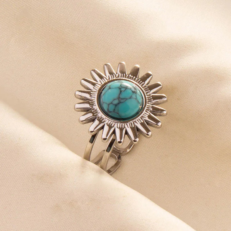 1pc Stainless Steel Boho Turquoise Open Finger Rings Trendy Adjustable Women Ethnic Multi Layers Stackable Anillos Jewelry