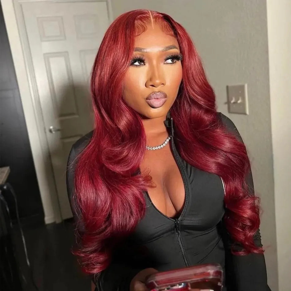 99J Burgundy 13x6 HD Lace Frontal Wig – 250% Density Body Wave, 30–36 Inch Red Colored