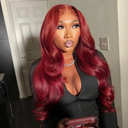 99J Burgundy 13x6 HD Lace Frontal Wig – 250% Density Body Wave, 30–36 Inch Red Colored