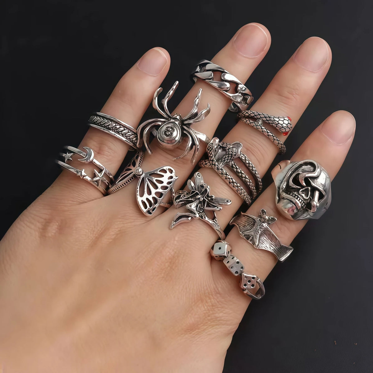 10/20/30/50/100Pieces Vintage Punk Heart Butterfly Rings Set For Women Men Mix Style Hip Hop Finger Ring Jewelry Party Gifts