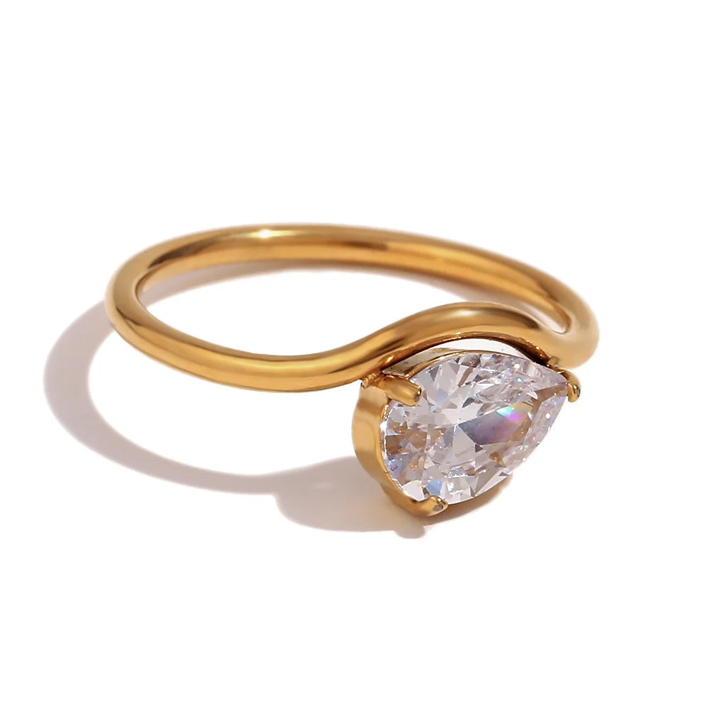 E.B.belle Wave Drop Round Zircon Ring Waterproof Minimalist 316L Stainless Steel Women's Rings 18K Gold Plated Accessories