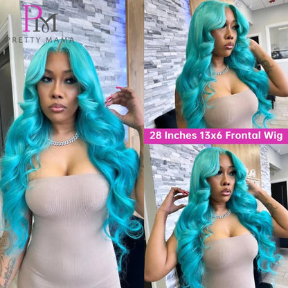 Cyan Blue & Light Green 13x6 Lace Front Wig – Body Wave Pre-Plucked Colored 613