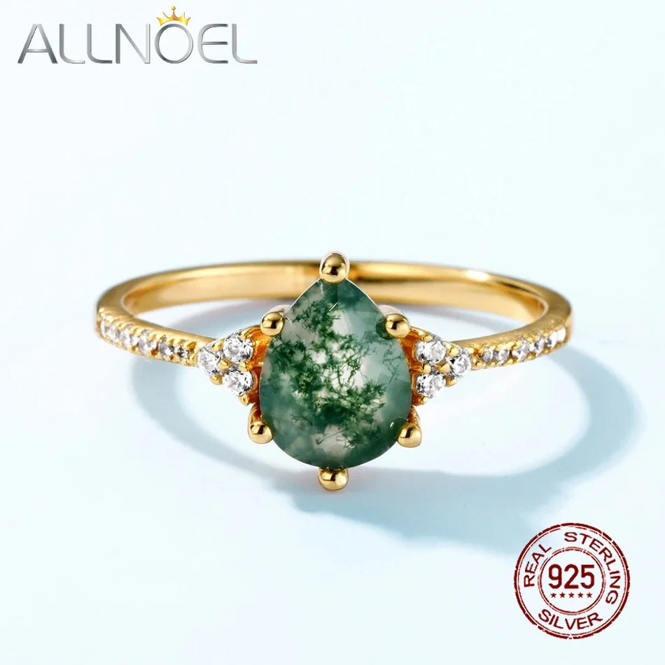 ALLNOEL Natural 6*8mm Green Moss Agate 925 Sterling Silver Rings For Women Water Drop Gemstone Engagement Gifts Healing Jewelry