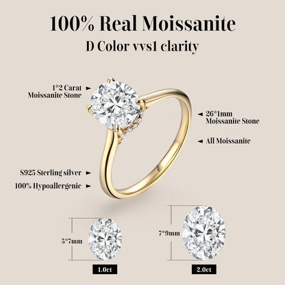 ATTAGEMS Oval Cut 9*7mm 2CT D VVS1 Moissanite Rings S925 Sterling Silver for Women Engagement Wedding Lady's Jewelry Gift Luxury