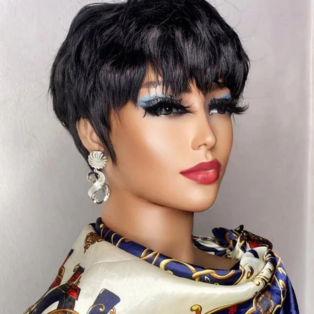 Brown Short Pixie Cut Wig – Human Hair with Bangs, Machine Made for Black Women