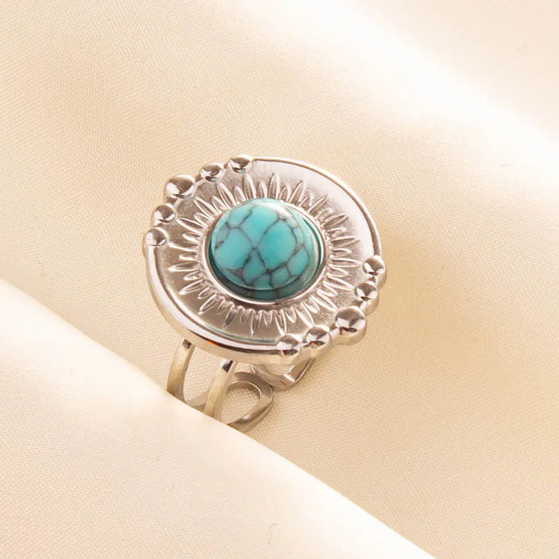 1pc Stainless Steel Boho Turquoise Open Finger Rings Trendy Adjustable Women Ethnic Multi Layers Stackable Anillos Jewelry