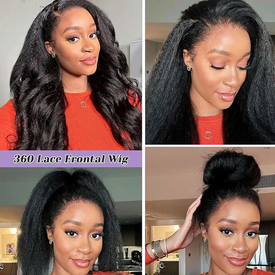Kinky Straight Invisible Strap 360 HD Full Lace Wig – Glueless Drawstring, 220% Density