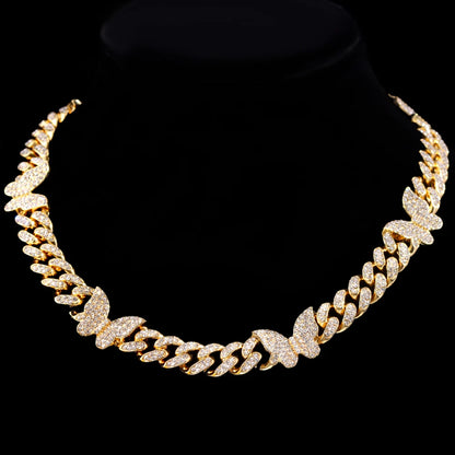 Hip Hop Butterfly Cuban Link Chain Necklace for Men Women, Iced Out Rhinestone Miami Chain, Unisex Bling Jewelry Gift