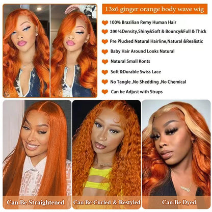 Ginger Orange #350 Body Wave 13x6 Transparent Lace Front Wig – Pre-Plucked Natural Hairline