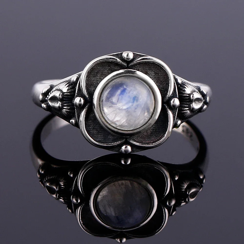 Round Oval Big Natural Moonstones Rings Women's Silver Plated Rings Gifts Vintage Fine Jewelry