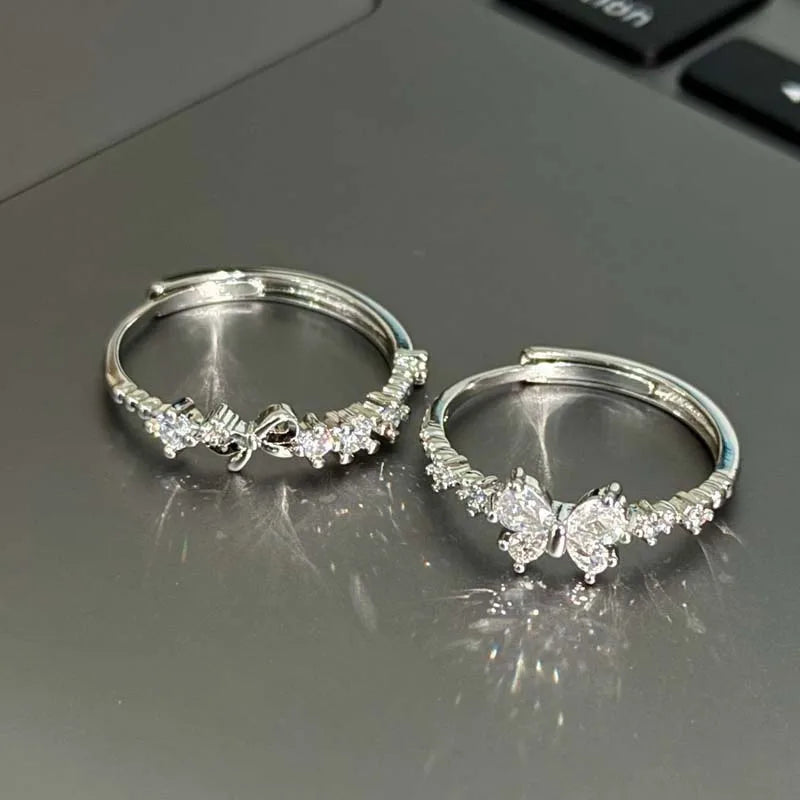 Fashion Bowknot Zircon Rings for Women Luxury Geometric Metal Open Rings Y2K 2000S Good Friend Jewelry Gifts Accessories