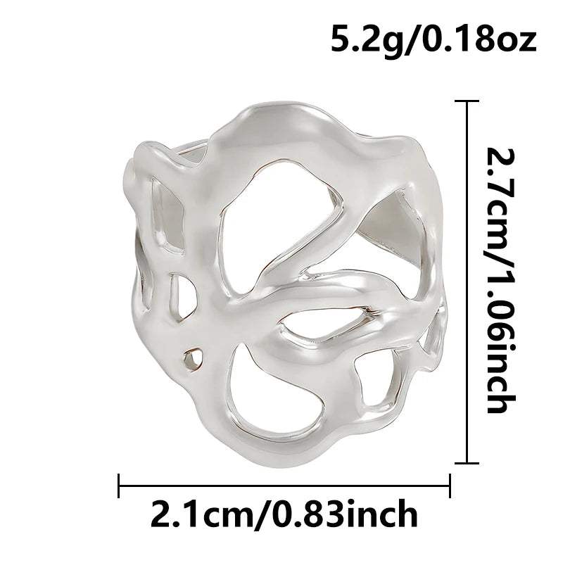 1Pc Stainless Steel Waterproof Women Personality Textured Chunky Open Rings Vintage Hollow Irregular Multi-layer Anillos Jewelry