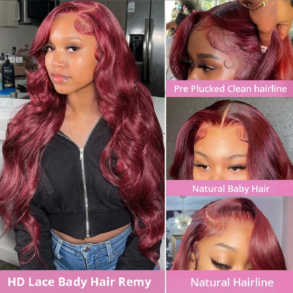 99J Burgundy Dark Red Body Wave 13x4 Lace Frontal Wig – Pre-Plucked Skin-Melt