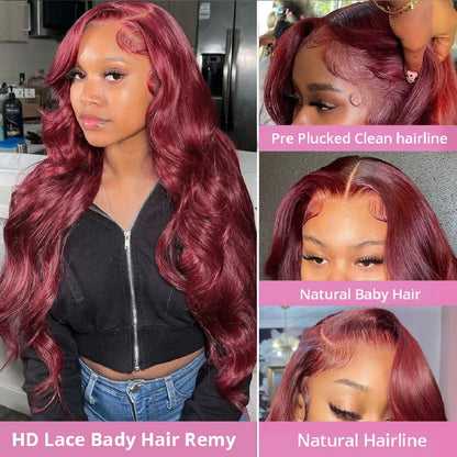 99J Burgundy Dark Red Body Wave 13x4 Lace Frontal Wig – Pre-Plucked Skin-Melt