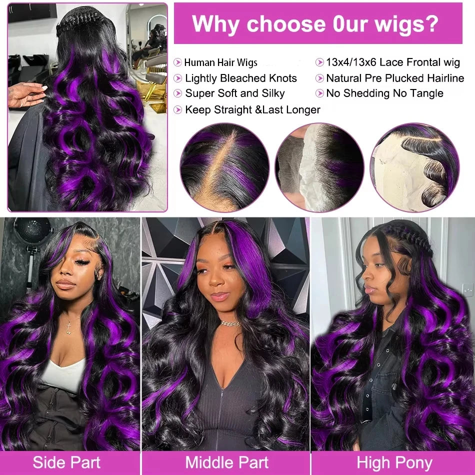 1B/Pink Ombre & Dark Purple Highlight Body Wave HD Lace Frontal Wig – 13x4 & 13x6, 250%