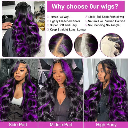 1B/Pink Ombre & Dark Purple Highlight Body Wave HD Lace Frontal Wig – 13x4 & 13x6, 250%