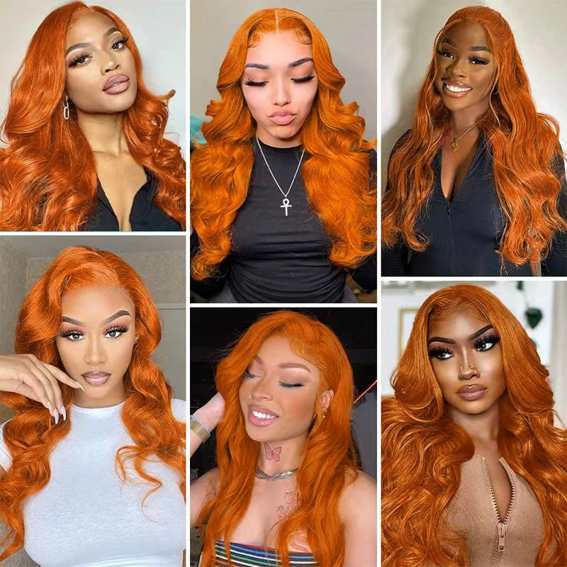 Ginger Orange Body Wave Transparent Lace Front Wig – #350 Natural Hairline 13x6, 200%