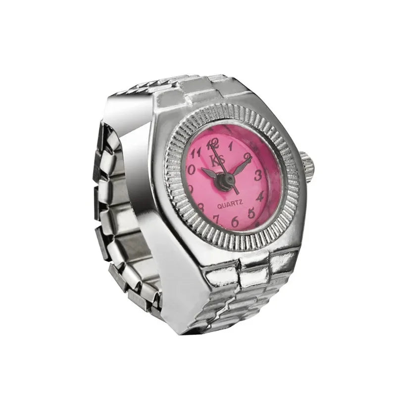 Punk Mini Quartz Watch Clock Finger Rings for Men Women Stainless Steel Elastic Strap Punk Couple Roman Ring Jewelry Gifts
