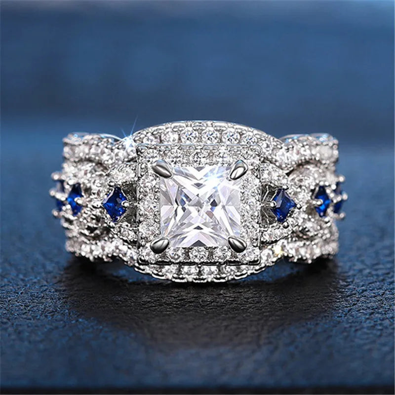 3Pcs/Set 925 Sterling Silver Rings Princess Cut Blue CZ Luxury Wedding Engagement Party Jewelry Set for Women Fashion Accessory