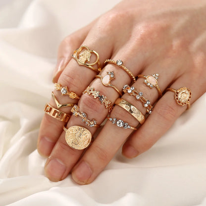 15Pcs Vintage Rings Set For Women Fashion Cross Floral Palm Pattern Crystal Geometric Rings Trendy Finger Jewelry Gifts New