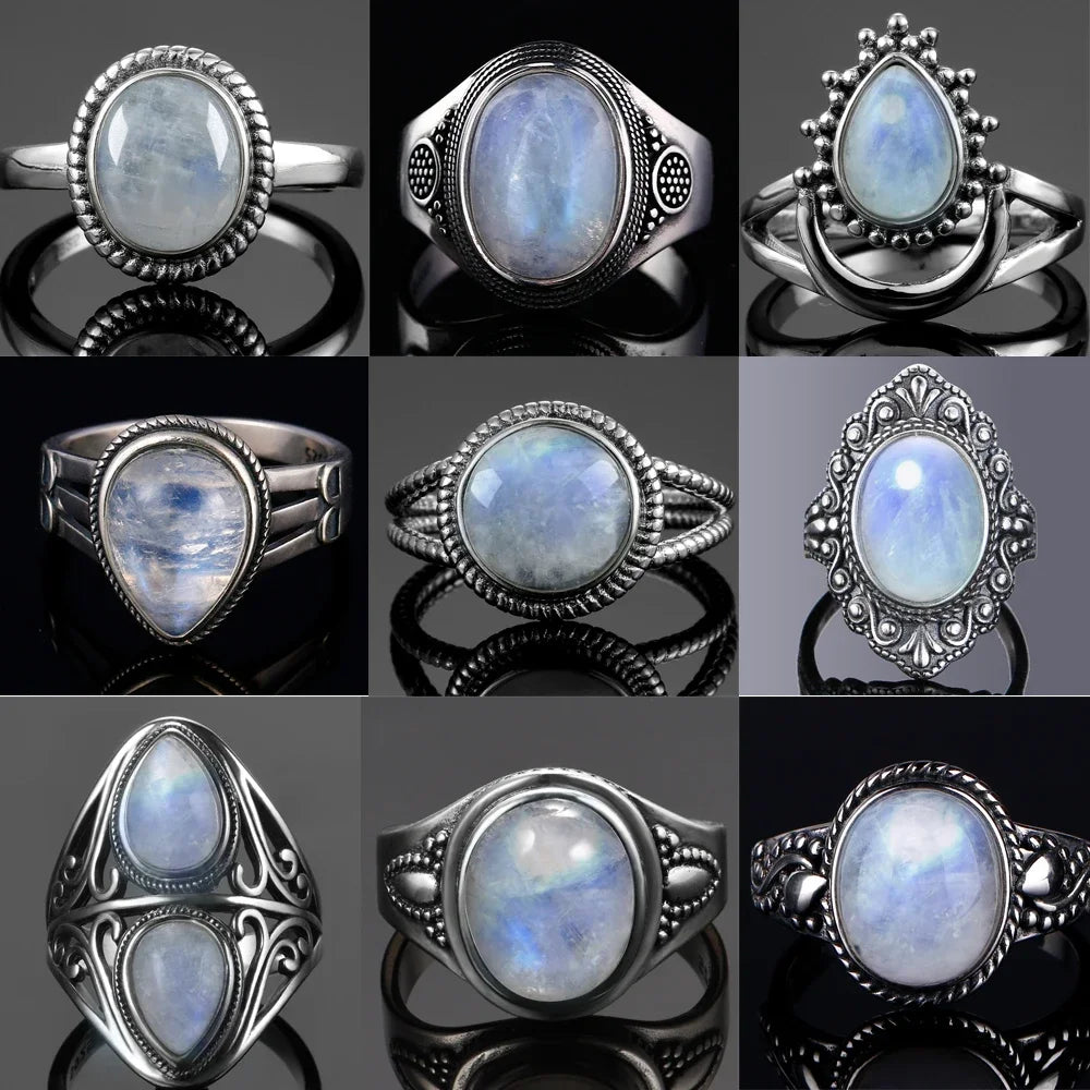 Round Oval Big Natural Moonstones Rings Women's Silver Plated Rings Gifts Vintage Fine Jewelry