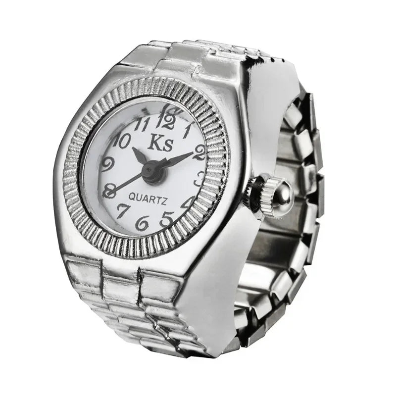 Punk Mini Quartz Watch Clock Finger Rings for Men Women Stainless Steel Elastic Strap Punk Couple Roman Ring Jewelry Gifts
