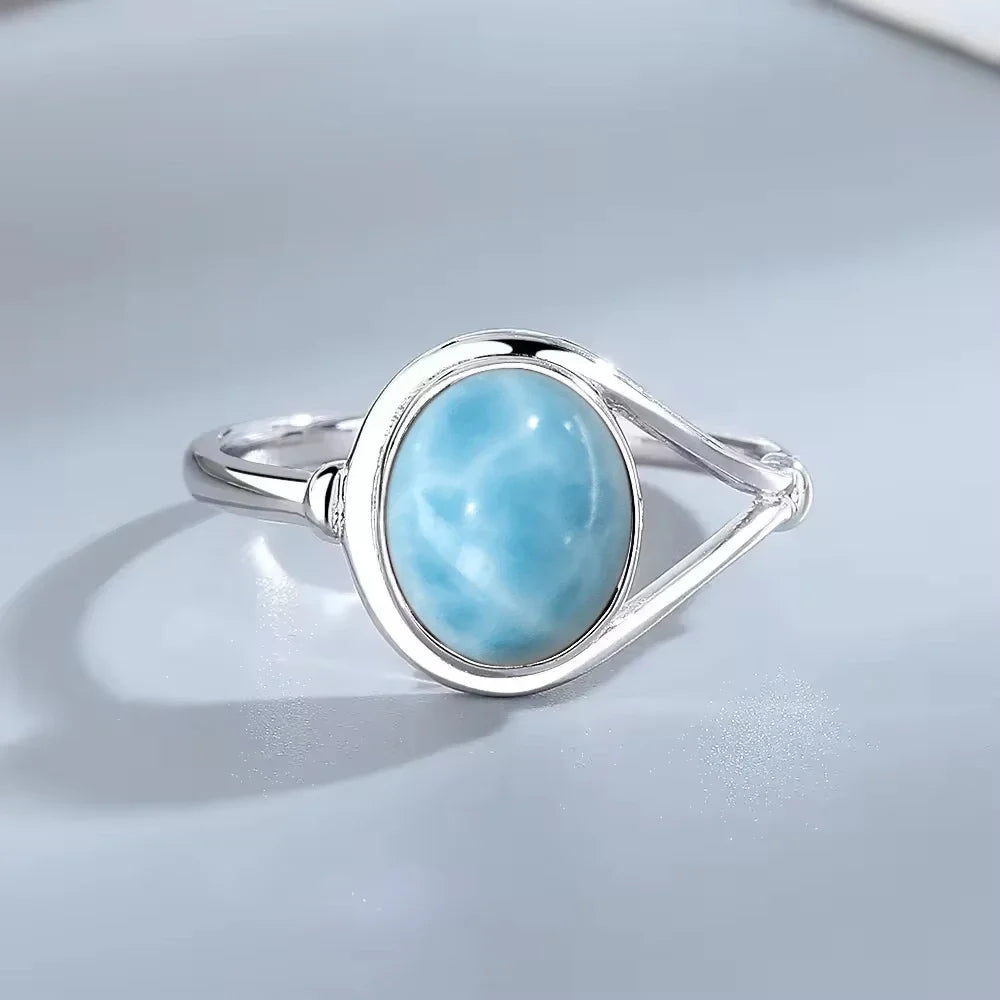 Vintage 925 Silver Natural Larimar Stone Ring Round Flower Shape Sky Blue Sea Water Ring Fine Jewelry Ring Gift For Women Men
