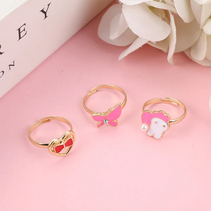 6/12/36pcs Cute Adjustable Rings for  Pretend Play Makeup Toys for Girls Cartoon Crystal Jewelry Alloy Rings Gifts for Girls
