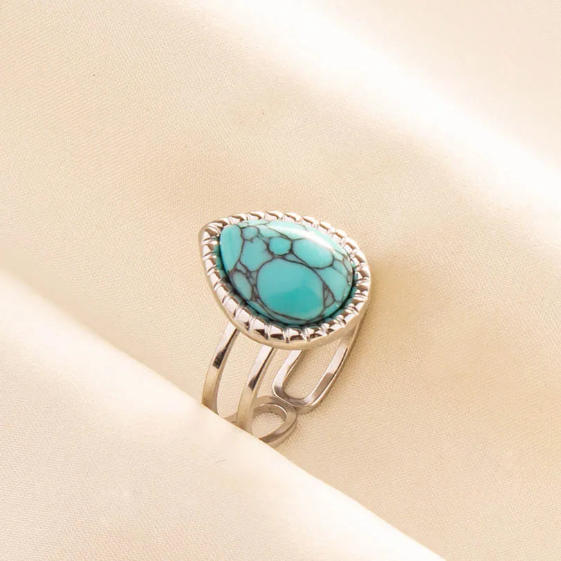 1pc Stainless Steel Boho Turquoise Open Finger Rings Trendy Adjustable Women Ethnic Multi Layers Stackable Anillos Jewelry