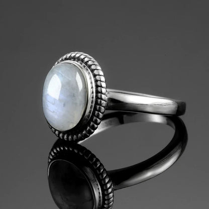 Round Oval Big Natural Moonstones Rings Women's Silver Plated Rings Gifts Vintage Fine Jewelry