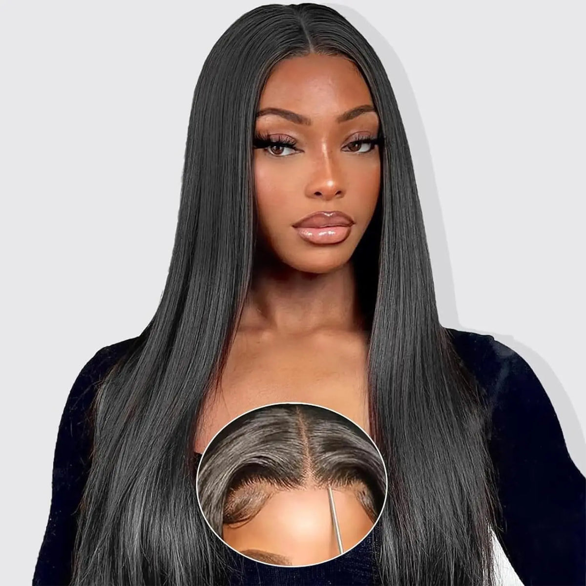 Natural Black Straight 7x6 Glueless HD Lace Wig – Pre-Plucked, 220% Density