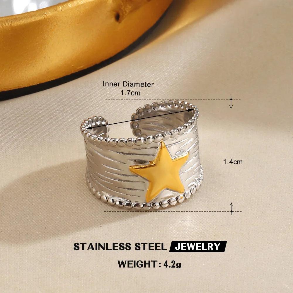 LATS Stainless Steel Y2K Celestial Star Open Rings for Women Men Unique Design Gold Silver Color Adjustable Ring Fashion Jewelry